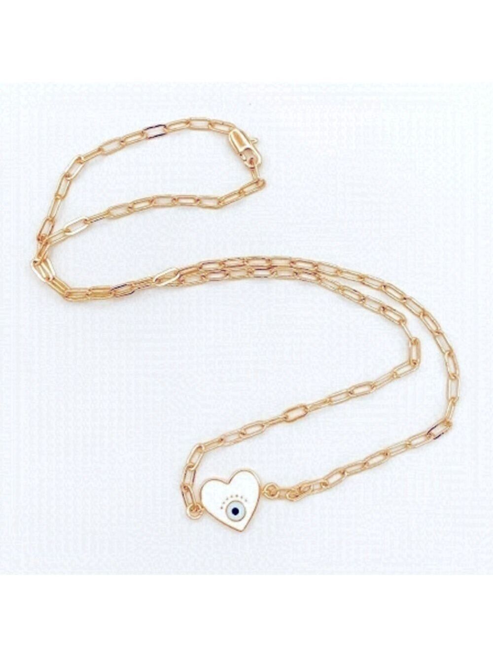 𝅺ENAMEL heart charm w/evil eye on paperclip chain